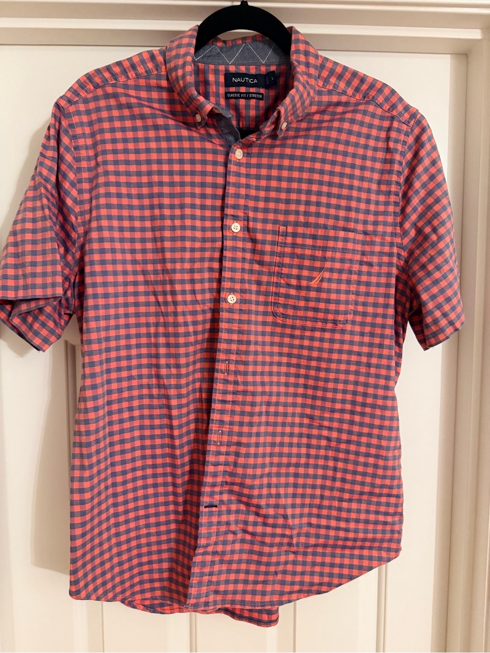 Nautica Men’s Short-Sleeve Red & Navy Gingham Button-Down Shirt